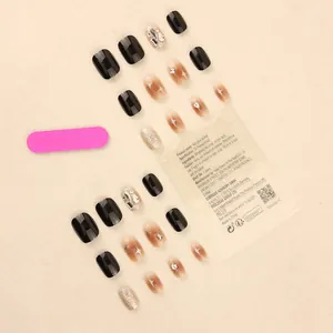Handmade 24pcs press-on nails set with black gold glitter and rhinestone designs