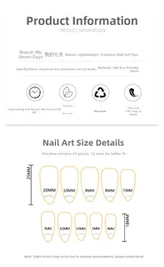 Size chart for 24pcs green aurora press-on nails showing width and length measurements