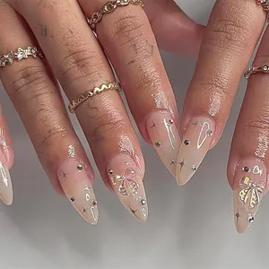 Long Almond Press On Nails With 3D Bow Stars Rhinestones Sweet Nude Pink Artificial Fake Nails For Women Nail Art Decor