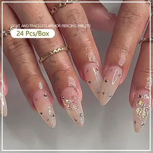Pink gradient press-on nails with silver star glitter and 3D bowknot designs, 24 pcs set