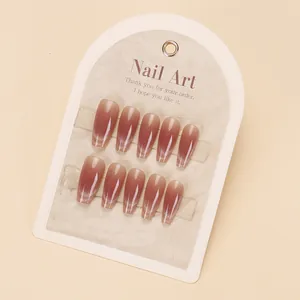 Handmade gradient red-brown cat eye press-on nails in medium long trapezoid shape