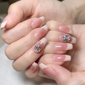 Classic French ombre press-on nails with large oval rhinestones and square shape design