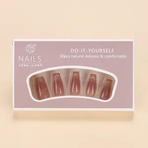Detail view of 30pcs gradient purple cat eye press-on nails in a windowed paper box