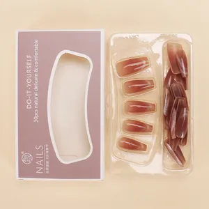 Detail of 30pcs gradient cat-eye press-on nail set in premium purple packaging box