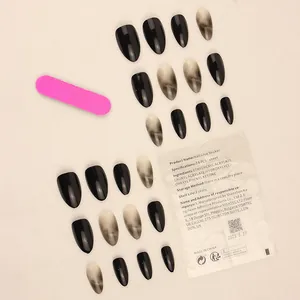 Uñas postizas cortas negras y grises efecto mármol, set de 24 piezas con lima y adhesivo