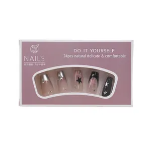 Press-on nail set featuring 24 pieces with pentagram stars and silver French tip designs