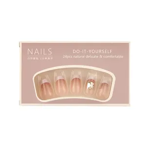 French style milk white blush press-on nails with 24 pieces and rhinestone accents