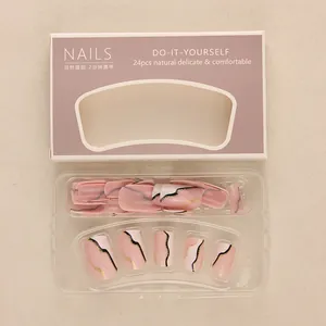 Pink marble press-on nails set with 24 pieces for natural-looking DIY manicure