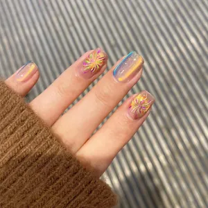Detailed view of square-oval cat-eye press-on nails with colorful laser firework patterns