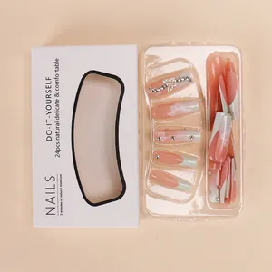 French press-on nails with silver butterflies and pearls, 24 pieces in a white box