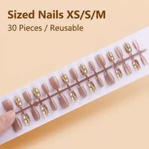 Champagne cat eye press-on nails with gold foil and crystals, 30pcs set in sizes XS-M