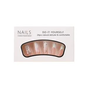 French long press-on nails set with silver butterfly crystals and 24 pieces of fake nails