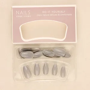 24pcs grey-purple almond press-on nails set with glossy finish and elegant packaging