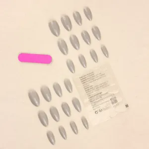 Gray medium-long almond press-on nails set with adhesive tabs and a mini pink nail file