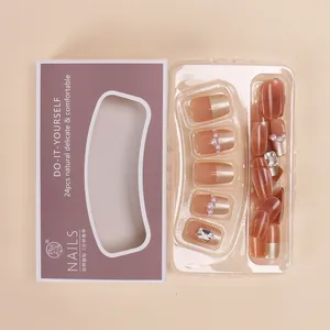 Short creamy white Aurora press-on nails with pearls and rhinestones, 24pcs set