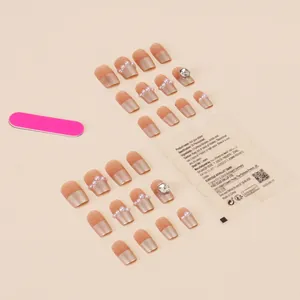 Short milky white press-on nails set with aurora pearl and glitter diamond accents