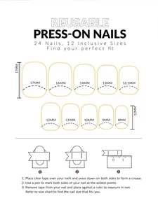 Size guide for reusable press-on nails showing dimensions from 8mm to 17mm and measurement steps