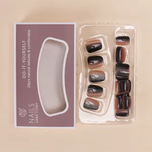 Black gradient cat-eye handmade press-on nails set with silver glitter finish and packaging