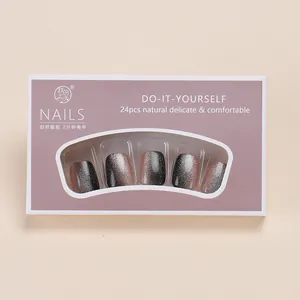 Handmade press-on nails with purple cat eye gradient and silver glitter, 24-piece set