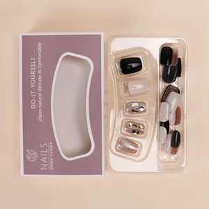 24pcs handmade black and silver glitter press-on nails with minimalist rhinestones in packaging