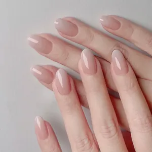 Detailed view of elegant glossy nude pink ombre oval press-on nails with a natural look
