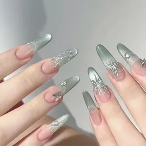 Handmade Green Cat Eye Press On Nails Long Almond Pink Gradient Butterfly Metal Rhinestone Elegant Wearable False Nails