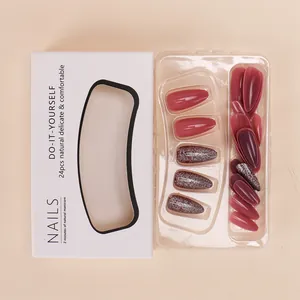 Medium long silver glitter and burgundy red press-on nails set with 24 pieces