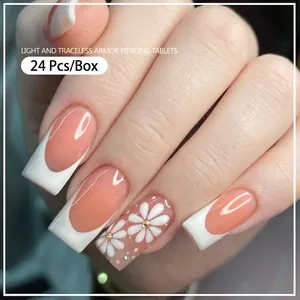 Press-on nails featuring white daisy floral patterns and rhinestones, 24 pcs set