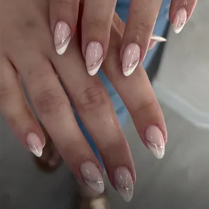 24 Pezzi Unghie Finte a Punta Francese Forma a Mandorla Rosa Nude Bianco Con Linee Argentate Lucide Copertura Totale Unghie Adesive Donna Manicure Fai Da Te