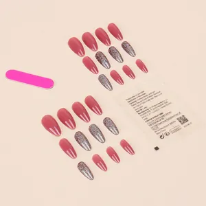 Silver glitter and rose pink long almond press-on nail kit with 24 pieces and nail file