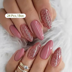 Medium long silver glitter and pink press-on nails set with 24 pieces in almond shape