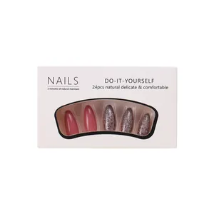 24pcs long almond press-on nails in glossy mauve pink and multicolored glitter finish