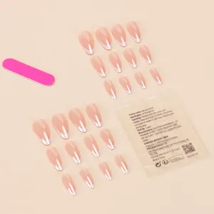 French tip almond press-on nails in nude pink with white edges, 24-piece kit with tools