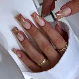 Faux Ongles Longs Carrés Effet Marbre Ambre Dégradé Couverture Complète pour Femme Décoration d'Ongles à la Mode