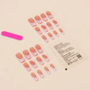 French tip press-on nails set with 3D floral accents and silver glitter detail