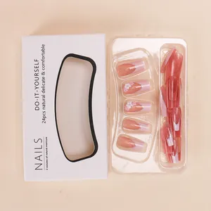 24pcs French long square press on nails with pink floral patterns and glitter finish