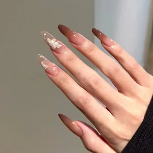 Elegante Mandelform Farbverlauf Künstliche Nägel Mit Weißen Blumen Design Glänzend Lange Falsche Nägel Für Damen Alltag