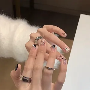 Handmade Press On Nails Black French Tip Heart Design ABS Resin Short Square Round Fake Nails Kit For Women DIY Nail Art