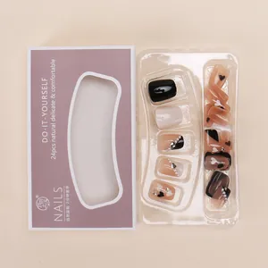 Handmade 24pcs black french short press-on nails with heart and pearl charms in box