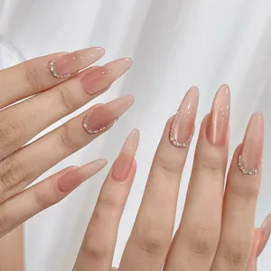 Handmade Luxury Nude Pink Gradient Press On Nails With Rhinestones Long Almond Shape Reusable Full Cover Nail Patches For Women
