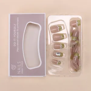 Faux ongles néon vert œil de chat forme T courte avec perles et strass coffret 24pcs