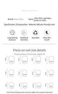 Size chart for press-on nails showing 24 pieces in 12 sizes with detailed dimensions