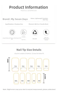 Detailed size chart showing 12 press-on nail widths from 8mm to 17mm and length specs