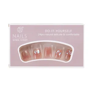 Short pink gradient press-on nails with silver glitter and shell accents in a 24pcs gift box
