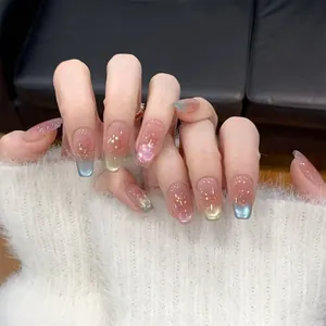Cat Eye Press On Nails Pink Blue Gold Gradient Starry Sky French Style Coffin Shape Glossy Reusable False Nails For Women