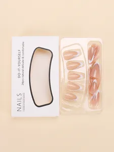 Detail of 24pcs nude press-on nails with white French tips and silver glitter lines