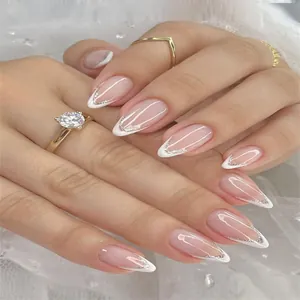French V-Line Press On Nails Resin Almond Nude Pink White Edge Silver Glitter Elegant Fake Nails For Women DIY Manicure