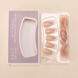 French tip nude pink almond press-on nails with silver glitter accents and 24pcs packaging