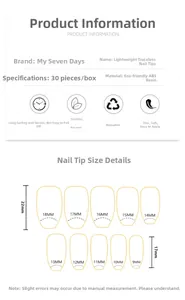 Size guide for press-on nails showing width from 9mm to 18mm and ABS resin material
