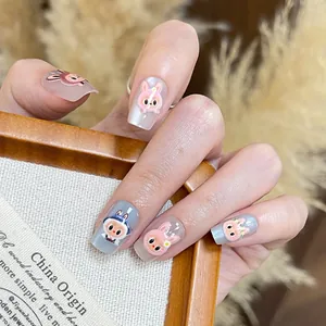 Handmade Labubu cartoon 3D press-on nails with blue and pink matte embroidery textures